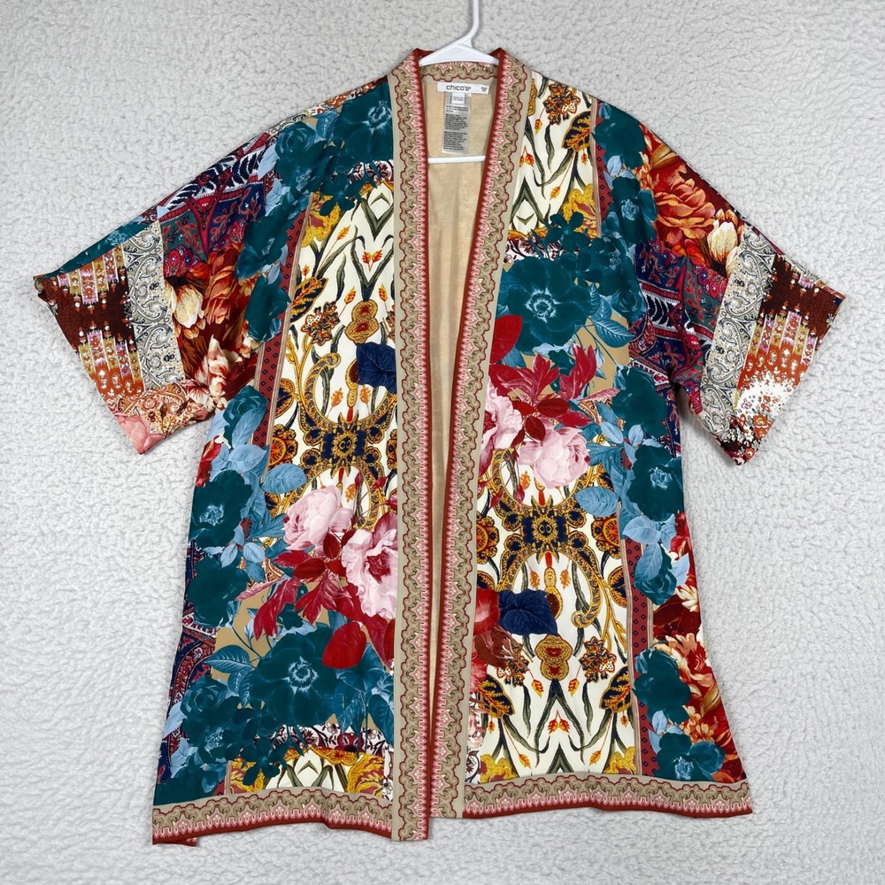 Chicos Kimono Cardigan Womens XXS XS Multicolor Floral Paisley Boho Tropical